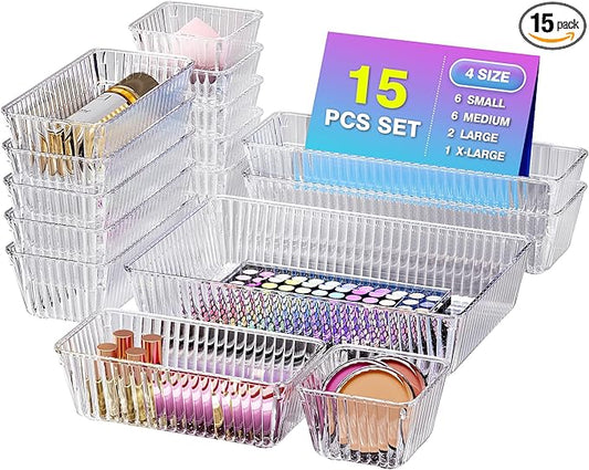 15 PCS Clear Plastic Drawer Organizer Set - 4 Sizes Makeup Organizer Desk Drawer Divider Bathroom Organizers and Storage Bins for Makeup, Jewelry, Gadgets, Office, Kitchen, Bedroom, Bathroom