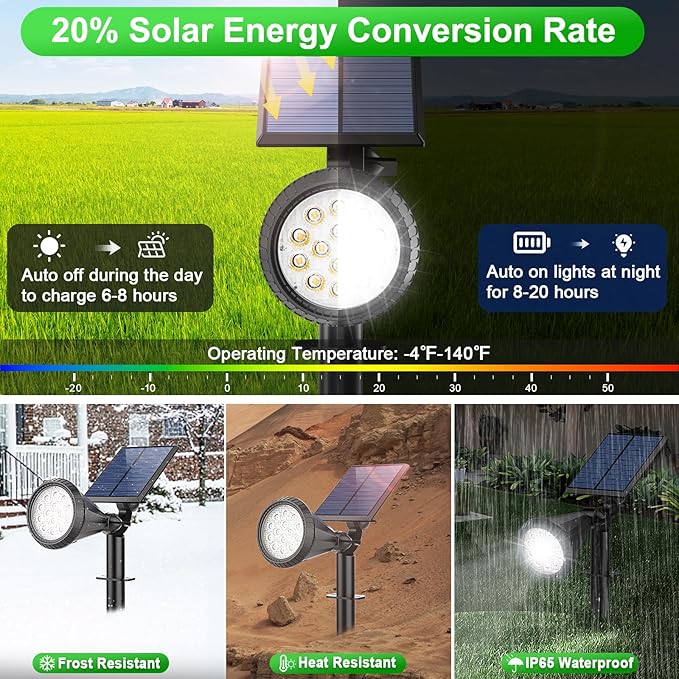 Solar Spot Lights Outdoor Waterproof 180° Adjustable Solar Powered Landscape Lights for Yard 4 Lighting Modes Solar Spotlights for Pathway Garden Outside Wall Pool Porch (2 Pack, Cool White)