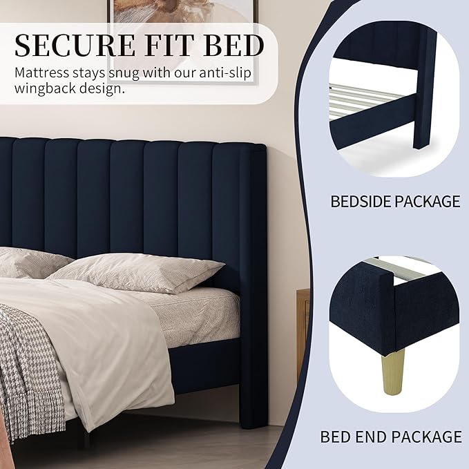 Twin Size Upholstered Platform Bed Frame with Modern Wingback & Vertical Panel Headboard, Linen Fabric, Wooden Legs & Slats Support, No Box Spring Needed, Noise-Free & Easy Assembly, Dark Blue