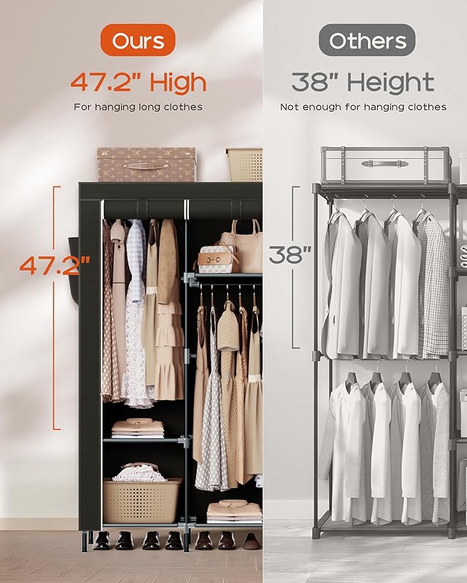Portable Closet, 51.2 Inch Large Capacity Wardrobe Closet with Cover, Clothes Storage Organizer with Shelves and 3 Hanging Rods, Easy to Assembly, Black PCT203B01