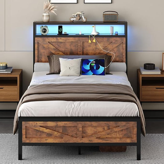 Twin Bed Frame with Charging Station and LED Lights, Twin Size Metal Platform Bed Frame with Storage and Rustic Barn Door Headboard, Heavy Duty Steel Slats Support, No Box Spring Needed, Rustic Brown