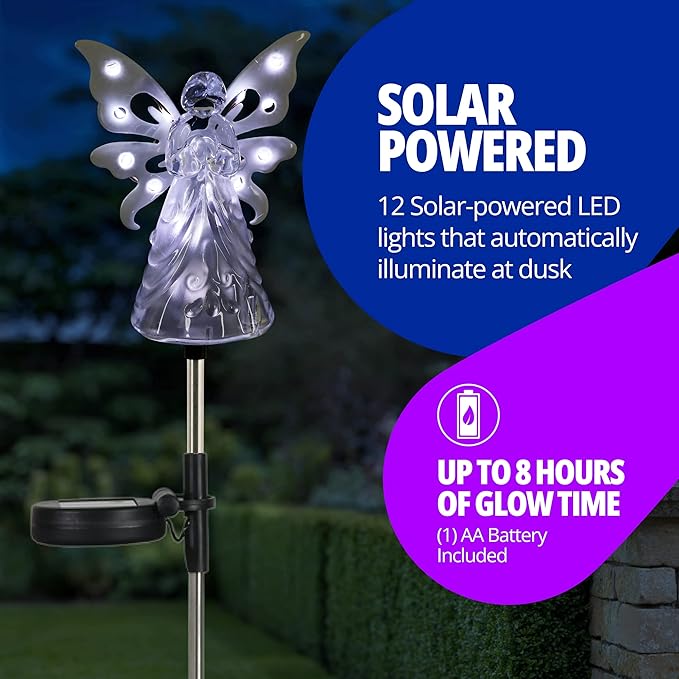 Exhart Garden Solar Lights, Decorative Angel Garden Stake, 12 LEDs, Cute Yard and Pathway Decor, White, 4 x 34 Inch