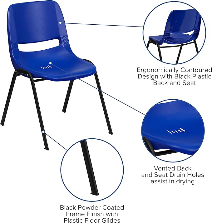 EMMA + OLIVER Kid's Navy Ergonomic Shell Stack Chair - Black Frame and 14" H Seat