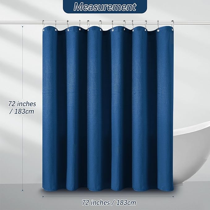 Classic Blue Shower Curtain 256GSM Heavy Duty Waffle Woven Bathroom Shower Curtains, Weighted Fabric Shower Curtains for Hotel Spa Luxury Polyester Bath Curtain with 12 Hooks, 72Wx72H
