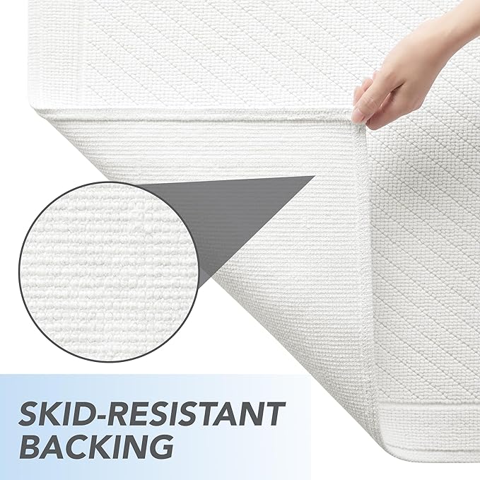 Arkwright 100% Cotton Bathroom Rug - High Absorbent Stylish Textured Woven Design Bath Mat, Slip Resistant Backing for Shower and Bathtub Floor, 17x24 in - White