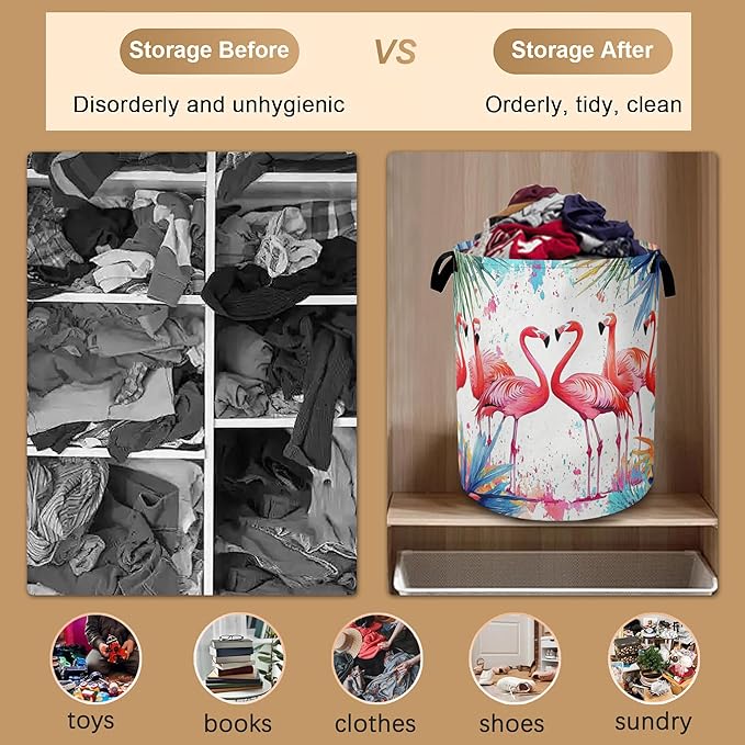 Flamingo Tropical Laundry Basket,Exotic Leaves Flower Collapsible Laundry Baskets with Handles,Waterproof Oxford Cloth Storage Basket 16"x20" for Bathroom/Bedroom/Dormitories