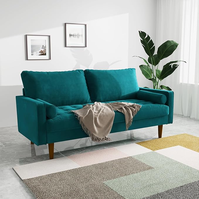 Modern Sofa,70 Inch Velvet Couch for Living Room,Spring Cushions,Solid Wood Frame,Easy Assembly for Small Spaces (Teal Blue)
