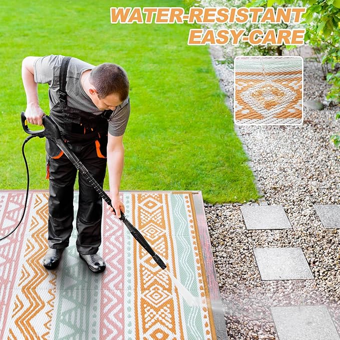 Lahome Waterproof Outdoor Rug 9x12, Reversible Outdoor Plastic Straw Rug for Patio, RV Camping Rug Picnic Mat Outside, Large Outdoor Carpet for Beach Deck Backyard Balcony(Pink/Orange,9'x 12')