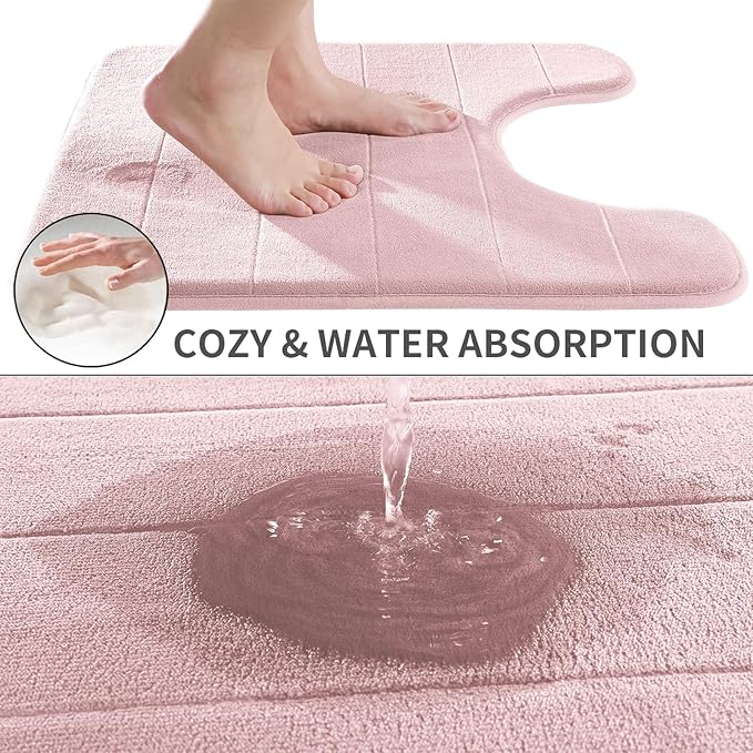 Yimobra Memory Foam Toilet Bath Mat U-Shaped, Soft and Comfortable, Super Water Absorption, Non-Slip, Thick, Machine Wash and Easier to Dry for Bathroom Commode Contour Rug, 24 X 24 Inches, Pink