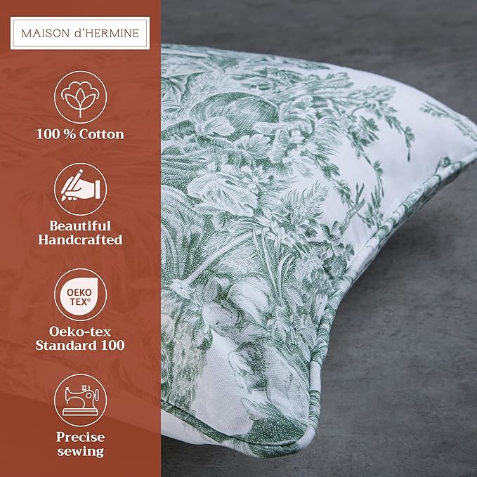 Maison d' Hermine Decorative Pillow Covers 20x20 Inch Square 100% Cotton Throw Pillow Covers with Invisible Zipper for Couch, Chair, Sofas, Bedroom, Home (The Miller - Antique Green (White))