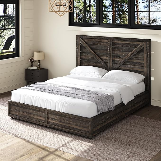 AMERLIFE Queen Size Farmhouse Bed Frame with 4 Drawers, Wooden Storage Bed Frame with Headboard and Heavy Duty Metal Slats, Noisy Free, Easy Assemble, Rustic Black