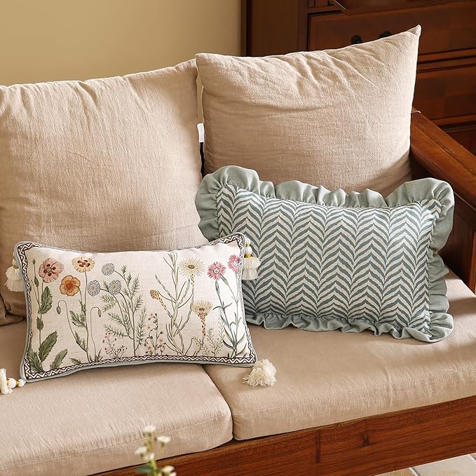 Design Linen Throw Pillow Covers 12"x20" Pack of 2, Lumbar Farmhouse Cushion Covers with Yellow Purple Watercolor Wildflower Pattern Decor Pillowcases for Bed,Living Room,Outdoor,Car