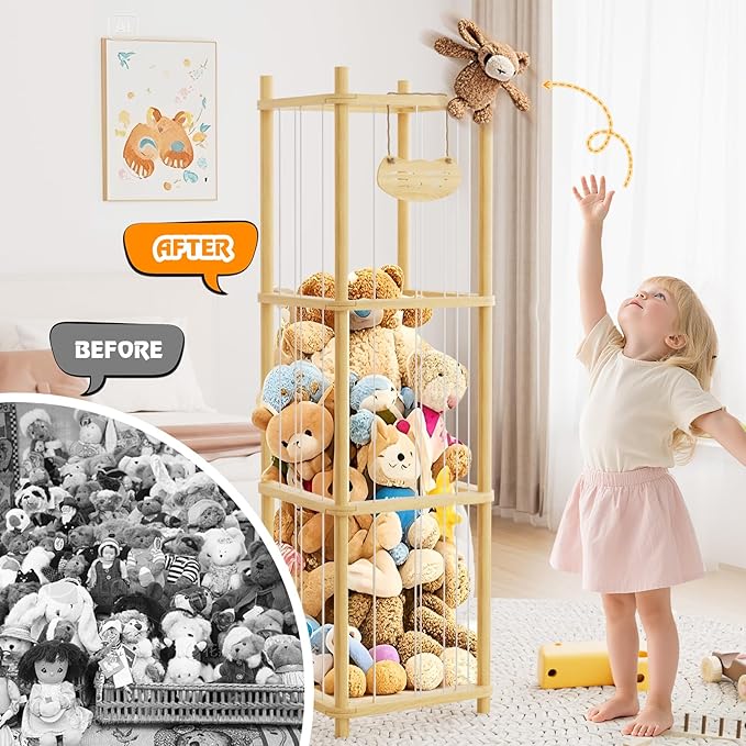 Stuffed Animal Storage , Wooden Stuffed Animal Storage with High Elastic Rope, Large Stuffed Animal Zoo for Nursery Playroom Bedroom (log color)