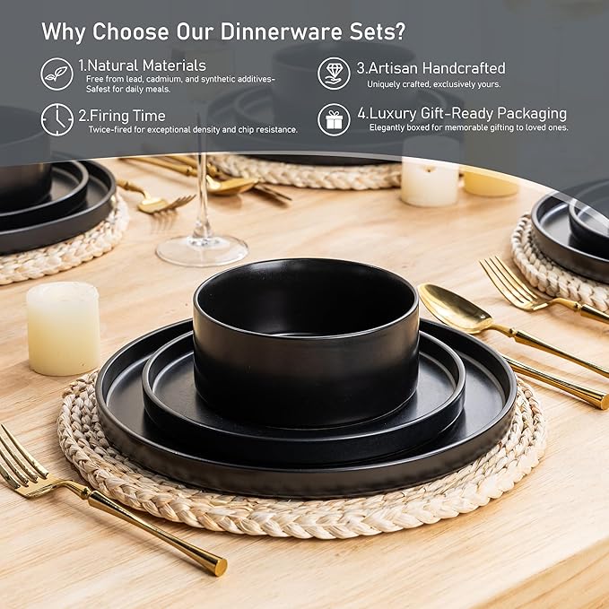GBhome Ceramic Dinnerware Sets for 6, Matte Stoneware Plates and Bowls Sets,Chip and Scratch Resistant Dishes, Dishwasher & Microwave Safe, Oven safe,Reactive Glaze-Black