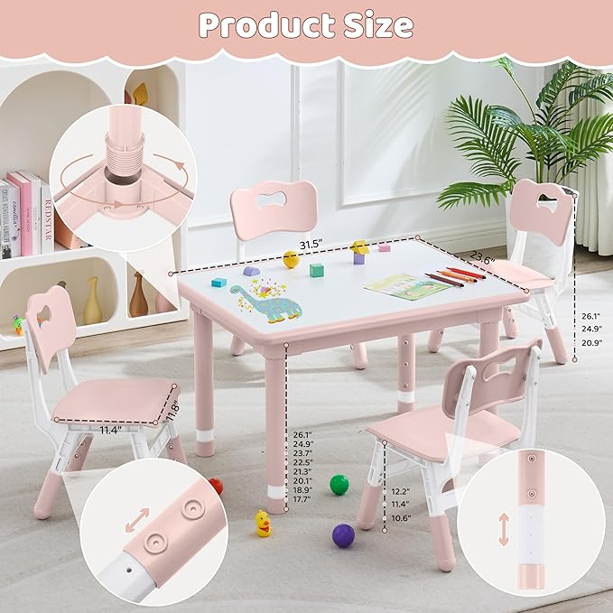 Kids Table and 4 Chairs Set, Height Adjustable (17.7"-26.1") Toddler Table and Chair Set, Multi-Activity Table with Graffiti Desktop, Children’s Table and Chairs for Classroom, Home & Daycare