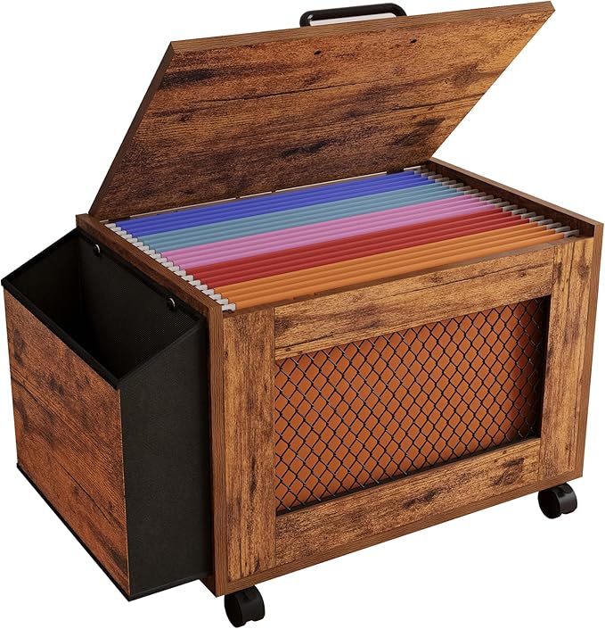 Rolling File Cabinet Cart,Under Desk Small Filing Cabine,Hanging File Organizer Box with Lid,Side Pocket for Letter/Legal Size, Wood Mobile Document Storage Basket for Home Office (Rustic Brown)