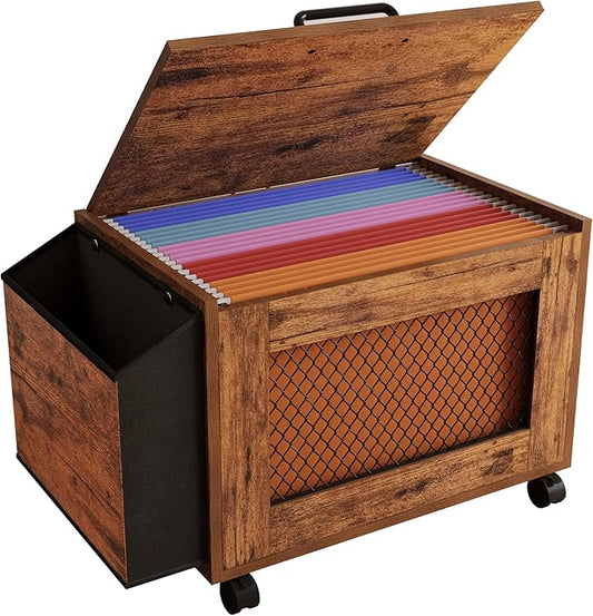 Rolling File Cabinet Cart,Under Desk Small Filing Cabine,Hanging File Organizer Box with Lid,Side Pocket for Letter/Legal Size, Wood Mobile Document Storage Basket for Home Office (Rustic Brown)