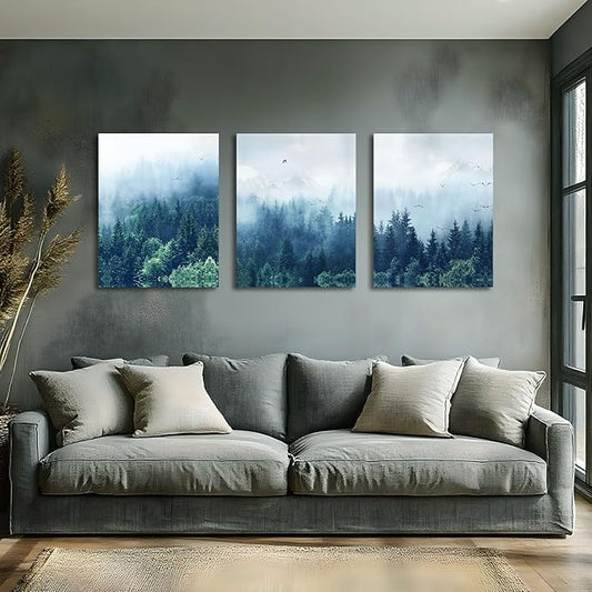 Arjun Forest Wall Art Misty Indigo Blue Landscape Canvas Painting Mountain Pine Tree Nature Birds Pictures Scenery Framed for Living Room Bedroom Bathroom Home Office Wall Decor, 12"x16"x3 Panels