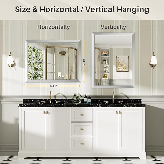 40x30 Inch Silver Bathroom Mirror for Wall, Thick Metal Framed Rectangle Mirrors for Over Sink, Bedroom, Living Room, Entryway, Anti-Rust, HD Tempered Glass