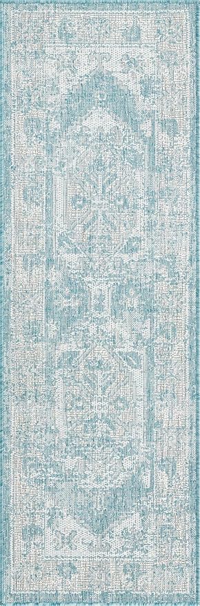 Unique Loom Outdoor Traditional Collection Area Rug - Valeria (2' x 6' 1" Runner, Aqua/ Ivory)