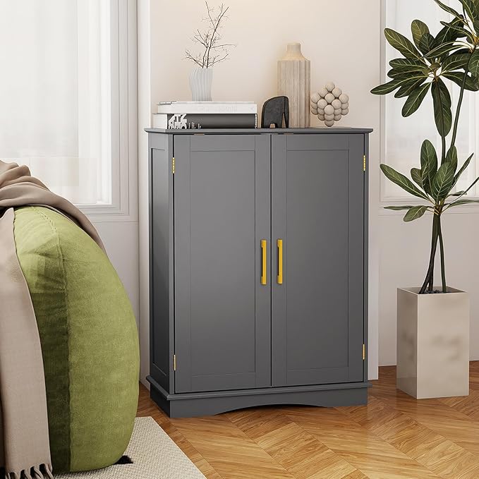 Tangkula Bathroom Floor Storage Cabinet, 31.5" H Freestanding Pantry Cabinet with 2 Doors and Adjustable Shelves, Kitchen Cupboard for Living Room, Dining Room, Bathroom (Gray, 31.5" H)