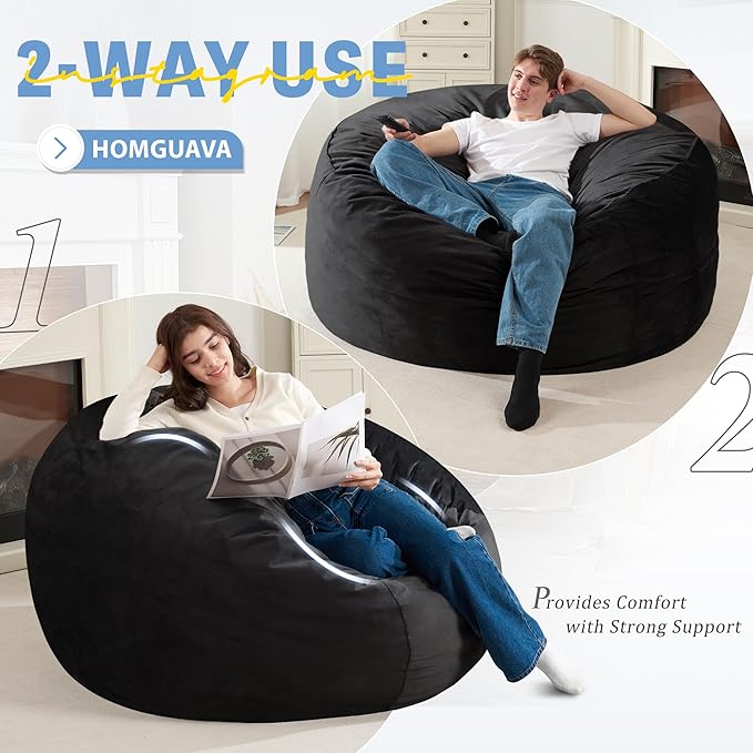 Homguava 4 FT Bean Bag Chair: 4' Bean Bags with Memory Foam Filled, Large Beanbag Chairs Soft Sofa with Dutch Velvet Cover-Black