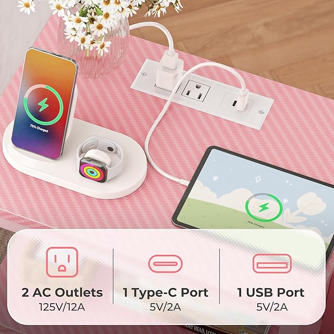 Huuger Nightstand with Charging Station, Side Table with Fabric Drawers, End Table with Open Shelf, Bedside Table with USB Ports and Outlets, Night Stand for Bedroom, Pink