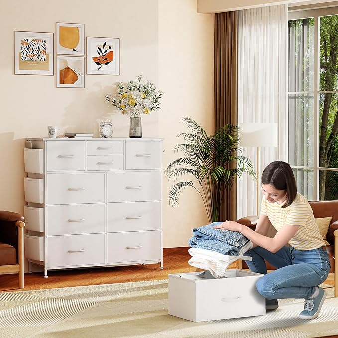 10 Drawer Dresser, Chest of Drawers for Bedroom, PU Dresser with Side Pockets, Hooks, Wooden Top and Sturdy Metal Frame for Living Room, Closet, Hallway (White)
