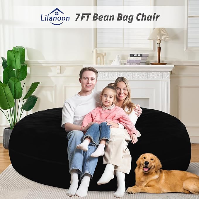 7FT Bean Bag Chair with Ultra Soft Velvet Cover Bean Bag Sofa with Memory Foam Bean Bag Chairs with Large Size Lazy Sofa for Dorm Office Living Room Bedroom Black 7'
