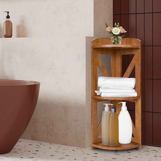 Corner Shelf Stand, Corner Bookshelf, Small Corner Shelves by Natural Wood, Plant Stand, Corner Bookcase for Living Room, Home Office, Bedroom, (Brown, 3 Tier)