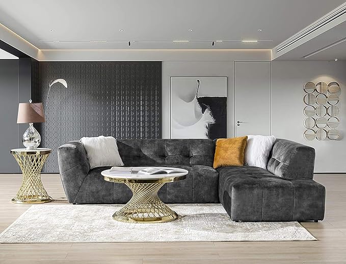 Acanva Luxury Mid-Century Velvet Tufted Low Back Sofa Set L-Shape 2-Piece Living Room Couch, 113" W Right Hand Facing Sectional, Grey