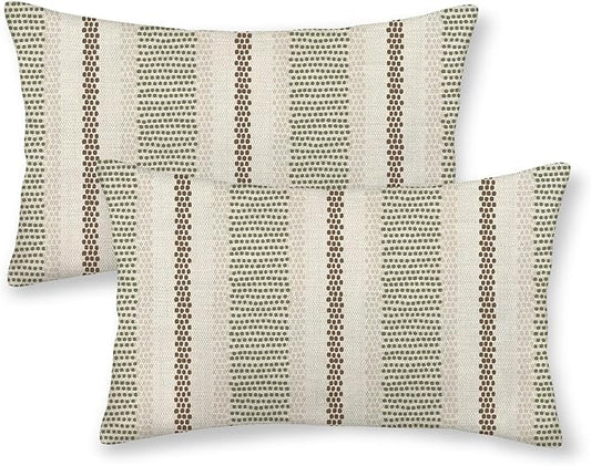 Boho Pillow Covers 12x20 Pack of 2 Sage Green Brown Polka Dot Stripe Decorative Throw Pillow Covers Bohemian Abstract Modern Pillowcase Farmhouse Lumbar Cushion Case for Home Sofa,Outdoor Decor