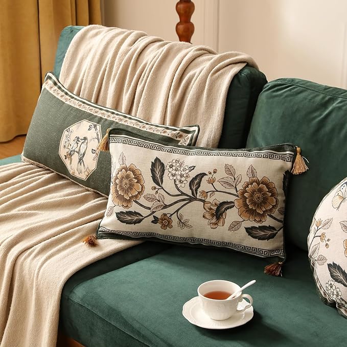 Design Linen Chinoiserie Rectangle Throw Pillow Covers 12"x20" Pack of 2, Farmhouse Cushion Covers with Yellow Floral Birds Pattern Decoration Pillowcases for Bed,Living Room,Outdoor,Car