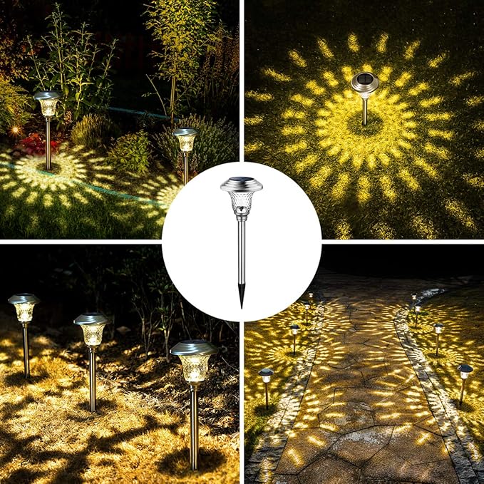 GIGALUMI 8 Pack Solar Pathway Lights, Solar Garden Lights Outdoor Warm White, Waterproof Led Path Lights for Yard, Patio, Landscape, Walkway (Stainless Steel)
