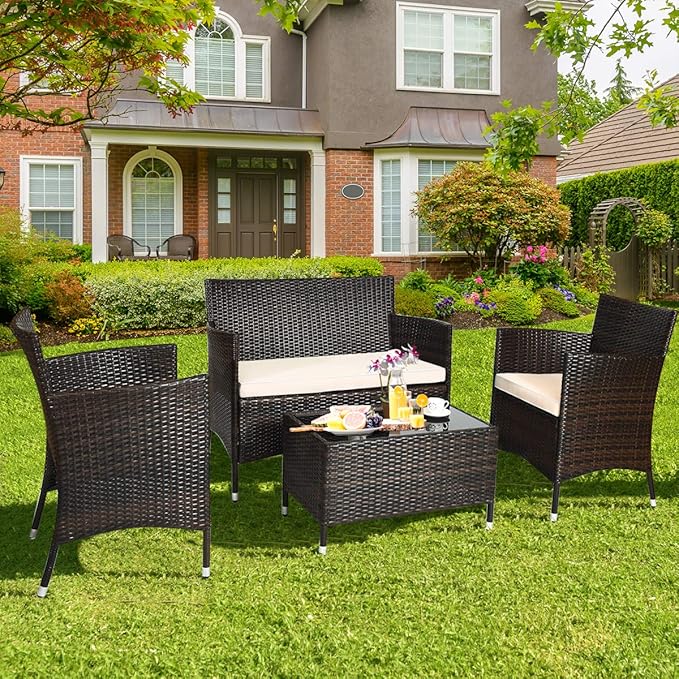 Tangkula 8 PCS Patio Rattan Conversation Set, Outdoor Wicker Furniture Set with Tempered Glass Coffee Table &Thick Cushion, Rattan Chair Wicker Set for Garden, Lawn, Poolside and Backyard (2, Brown)