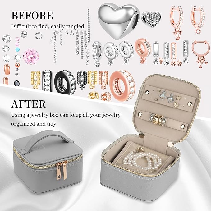 PU Leather Travel Jewelry Organizer Case with 4 Pouches & Handle, Anti-Tangle Storage Box for Necklace, Earrings, Rings, Compact Jewelry Box for Women Gift (Grey)