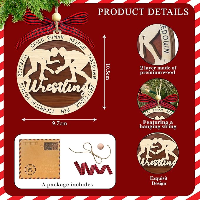Wrestling Christmas Ornament 2025-2 Layer Wooden Wrestling Ornaments for Christmas Tree - Wrestler Hanging Decor Ornament - Gifts for Wrestlers, Coaches, Fans, Sport Lovers - Sports Wood Ornaments