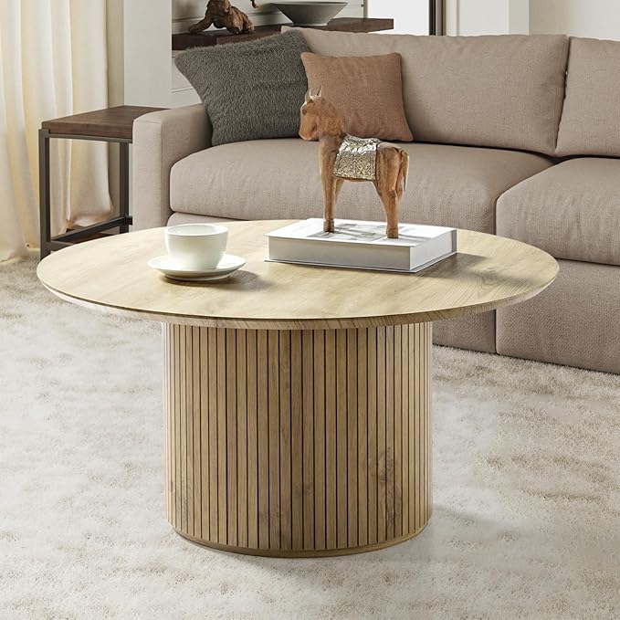 HULALA Home Round Coffee Table, Wood Coffee Table with Vertical Slat Base, Modern Coffee Table for Living Room and Lounge Room,Oak