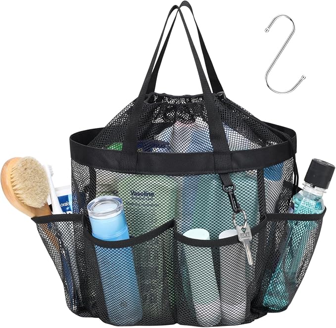 F-color Mesh Shower Caddy Portable with Drawstring - Upgrade Deeper 7 Pockets Dorm Room Essentials for Guys Girls with S Hook, Shower Bag Basket Tote for College Camping Toiletry Bathroom, Black