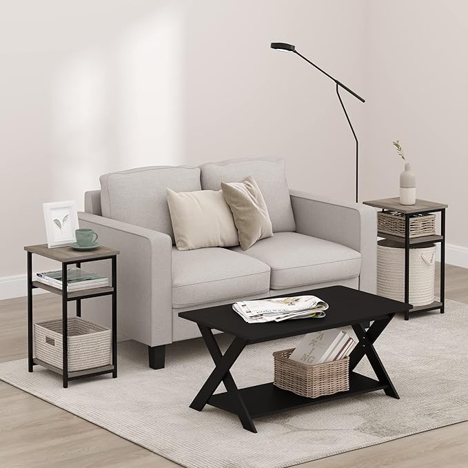 Furinno Just 3-Tier Metal Frame End Table with Storage Shelves, 2-Pack, French Oak