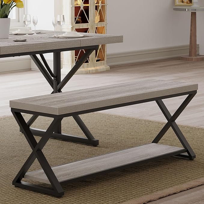 IBF Industrial Wood Entryway Bench, Indoor Farmhouse Hallway Accent Entry Bench for Seating Sitting with Storage, Metal Shoe Rack Grey Bench Organizer in Foyer Bedroom, Light Grey Oak, 47 Inch Long