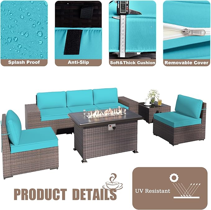 Kurapika 7 Pieces Patio Furniture Set, Rattan Wicker Outdoor Conversation Sets w/43in Propane Fire Pit Table and 4 Inch Cushion(Blue)