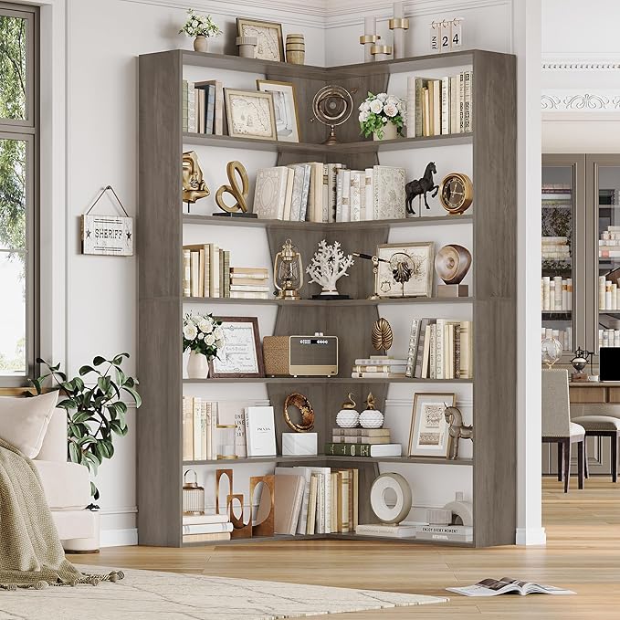 75" Corner Bookshelf, 6-Tier Modern Bookshelf and Bookcase, Tall Bookcase Open Display Storage, L Shaped Corner Shelf for Library, Living Room, Home Office, Gray