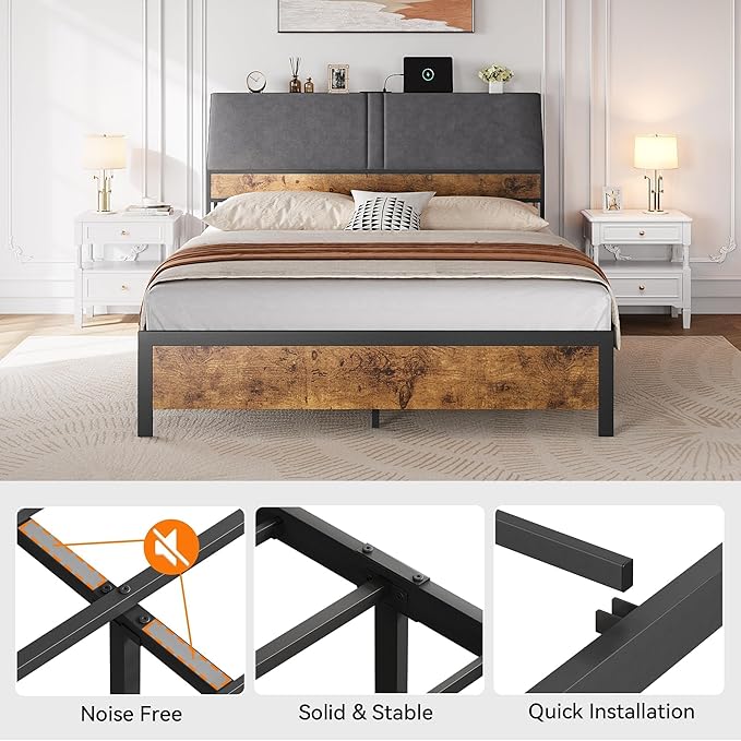 Queen Size Platform Bed Frame with Ergonomic Upholstered Headboard, Built-in Charging Station, Storage Headboard, Sturdy Metal Slats, No Box Spring Needed, Easy Assembly