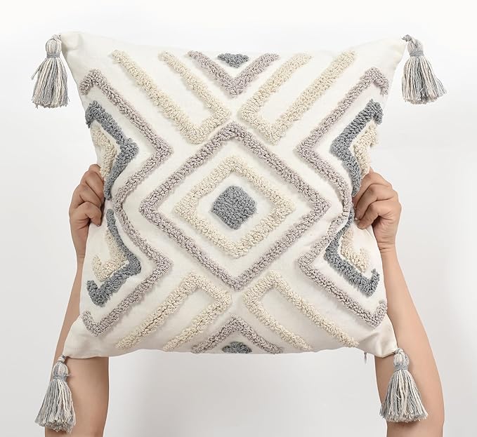 Boho Pillow Covers 18X18 Inch Boho Tufted Throw Pillow Covers Decorative Tassels Cushion Cover Farmhouse Pillow Case for Couch Sofa Bed Living Room Bedroom, Grey Netural