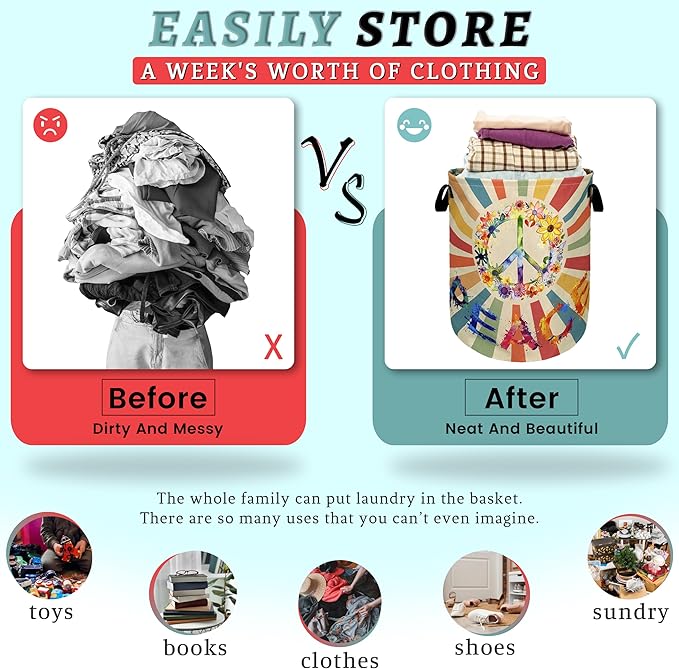 Retro Colorful Hippie Peace Laundry Basket Foldable With Handles Tote Bag Oxford Cloth Funny Laundry Hamper 18.9" x 16.5" Clothes Storage Bucket Toy Organizer For Bathroom/Laundry/Bedroom