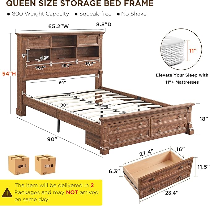 Farmhouse Queen Size Bed Frame with 54" Tall Headboard, Headboard with 4 Storage Rack, 2 Drawers, Wood Platform Bed Frame,18" Roman Column Decoration Footboard,No Box Spring Needed(Reclaimed Barnwood)
