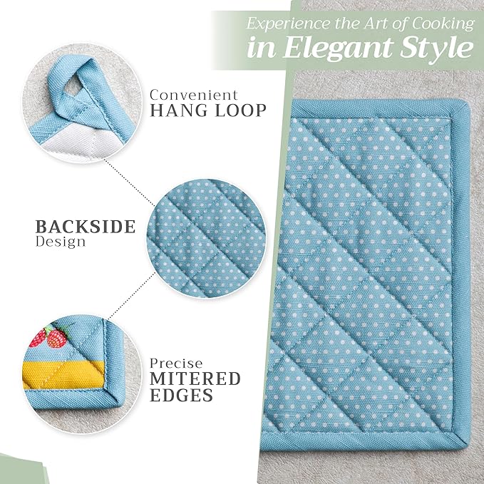 Maison d' Hermine Pot Holders 100% Cotton Heat Resistant Potholders 8" x 8" Hot Pads with Loop BBQ, Cooking, Baking, Grilling, Kitchen, Handling Hot Pans Spring/Summer (Pack of 1, Giverny)
