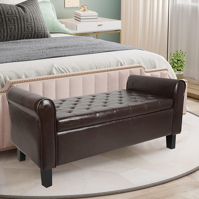 Storage Ottoman Bench with Arms, End of Bed Bench for Bedroom, Button Tufted for Entryway, Living Room,Hallway, Foot Rest (Brown)
