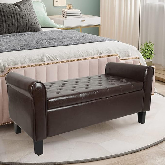 Storage Ottoman Bench with Arms, End of Bed Bench for Bedroom, Button Tufted for Entryway, Living Room,Hallway, Foot Rest (Brown)